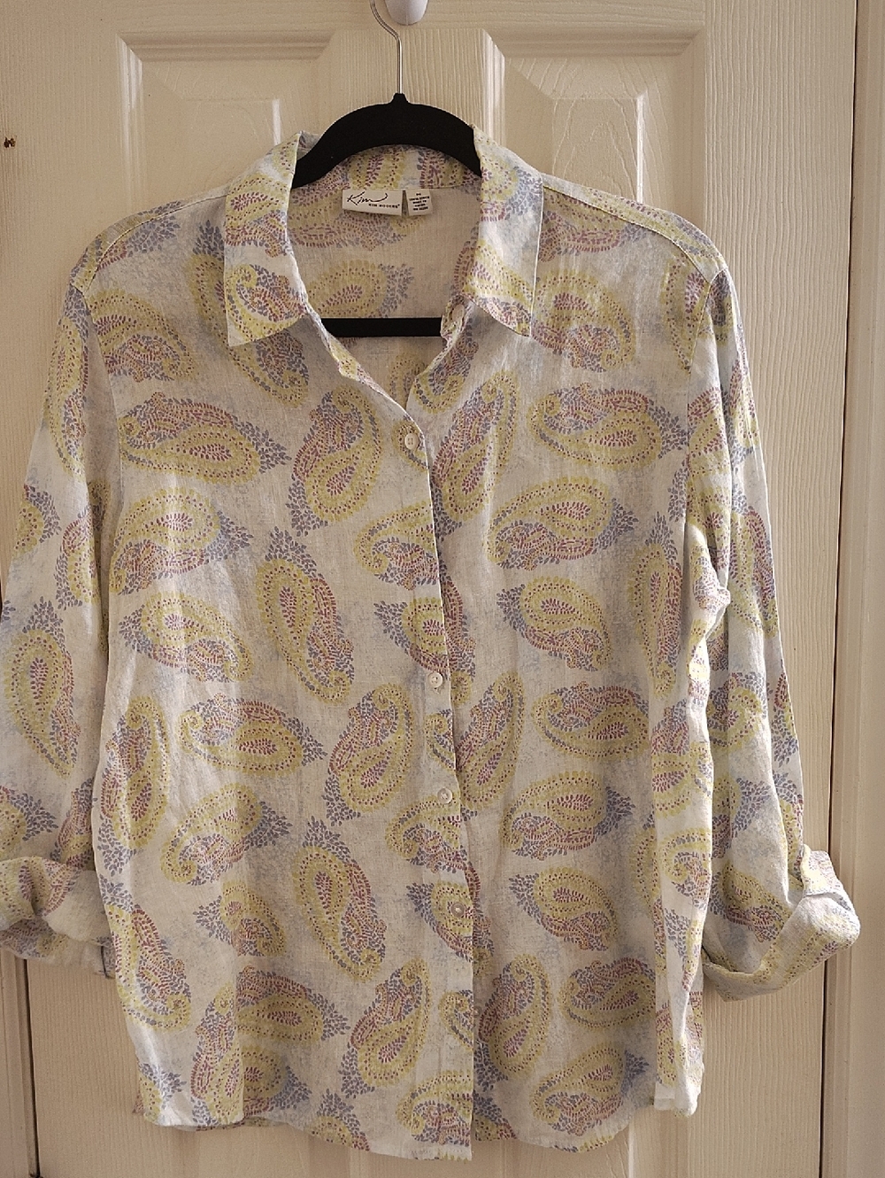 Kim Rogers Linen  White Button-Down Shirt with Yellow & Lavender Paisley